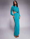 [ASOS Tall] ASOS DESIGN Tall plisse cocoon sleeve 2 in 1 maxi dress with hardware in teal-Green 10 Teal