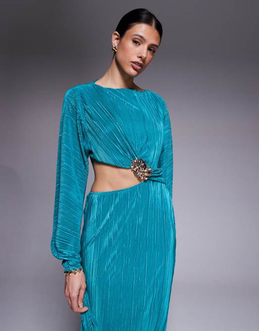 ASOS DESIGN Tall plisse cocoon sleeve 2 in 1 maxi dress with hardware in teal, 4 of 4