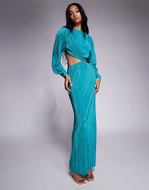 ASOS DESIGN Tall plisse cocoon sleeve faux two-piece maxi dress with hardware in teal - view 1