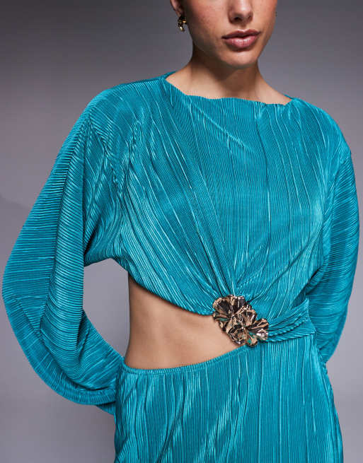 ASOS DESIGN Tall plisse cocoon sleeve faux two-piece maxi dress with hardware in teal, 3 of 4