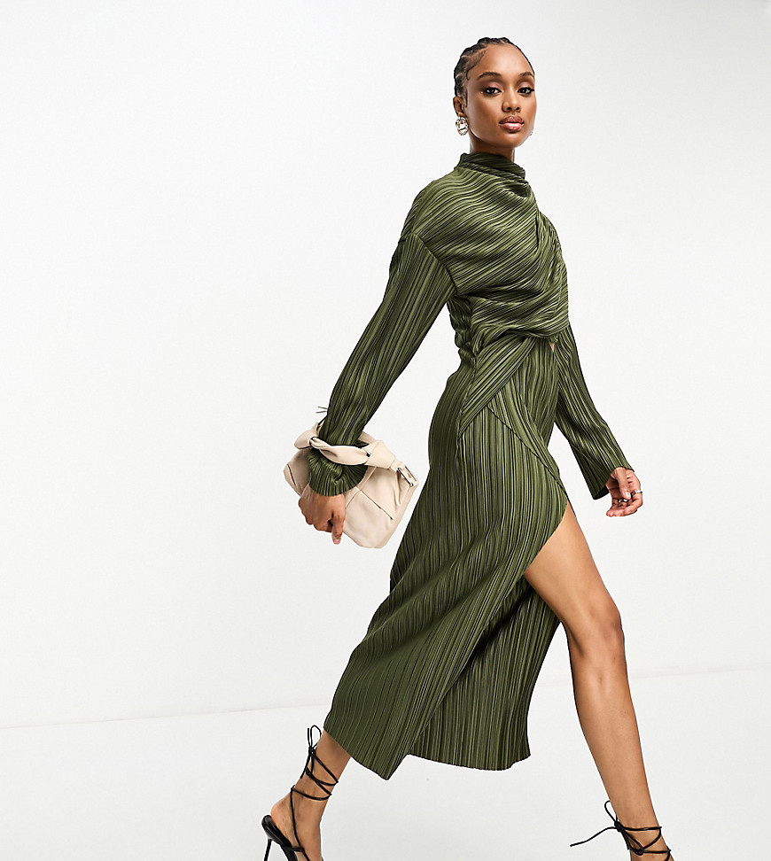 Asos Tall Asos Design Tall Plisse Cut Out Dress With Wide Sleeve And Side Twist Midi Dress In Khaki-multi