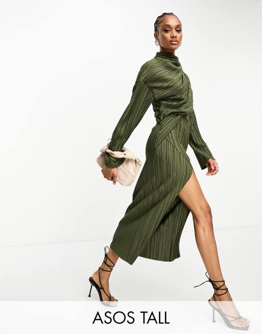 ASOS DESIGN Tall plisse cut out dress with wide sleeve and side twist midi dress in khaki