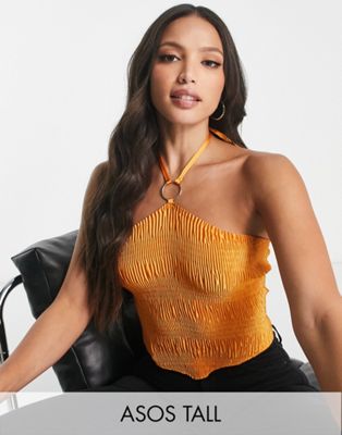 ASOS DESIGN Tall plisse halter neck crop top with ring detail and lace up back in orange  - ASOS Price Checker