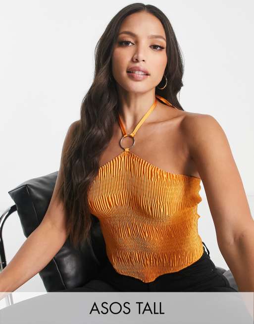 ASOS DESIGN Tall plisse halter neck crop top with ring detail and lace up  back in orange