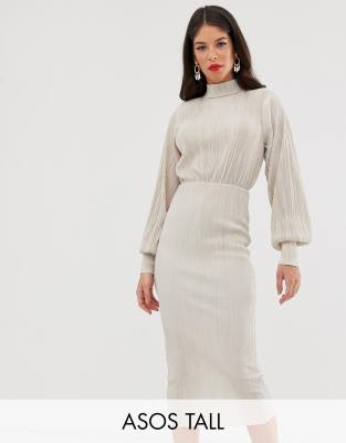 asos design plisse high neck balloon sleeve open back midi dress