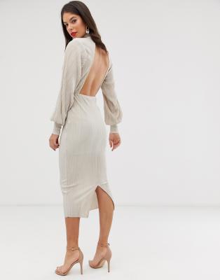 asos design plisse high neck balloon sleeve open back midi dress