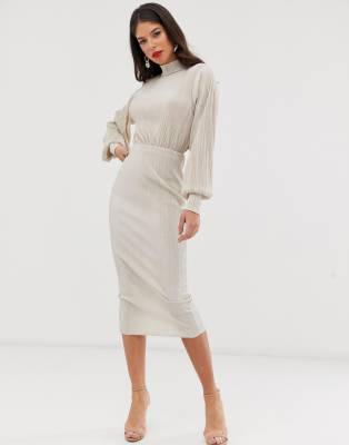 asos design plisse high neck balloon sleeve open back midi dress