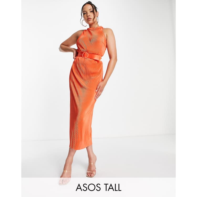 Asos design plisse high neck store balloon sleeve open back midi dress