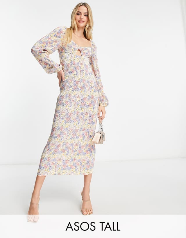 ASOS DESIGN Tall plisse long sleeve bust detail midi dress in blue ditsy floral