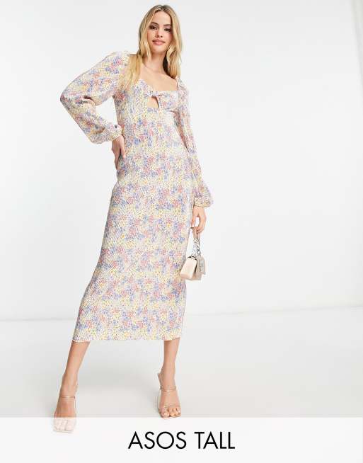 ASOS DESIGN Tall - Plissé midi jurk met lange mouwen met fijne bloemenprint in blauw
