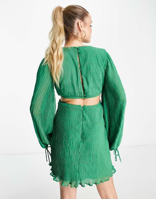 ASOS DESIGN Tall - Plissé mini-overhemdjurk met overslag bij de taille in felgroen, 2 van 4