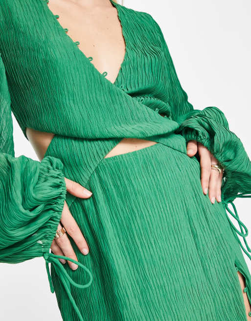 ASOS DESIGN Tall - Plissé mini-overhemdjurk met overslag bij de taille in felgroen, 3 van 4