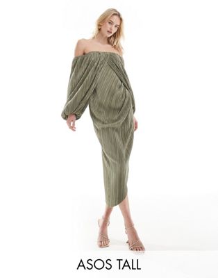 ASOS DESIGN Tall plisse overlay midi dress with open back detail in soft khaki