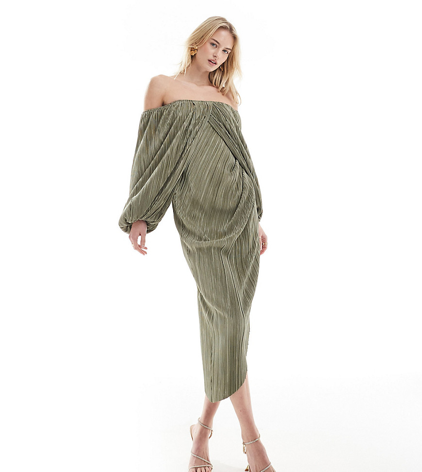 ASOS DESIGN Tall plisse overlay midi dress with open back detail in soft khaki-Green
