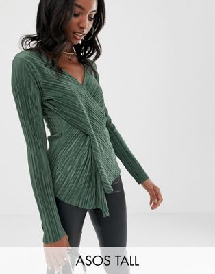 Asos Tall - Asos design tall - plissé top met lange mouwen, gedraaide voorkant en drapering-groen