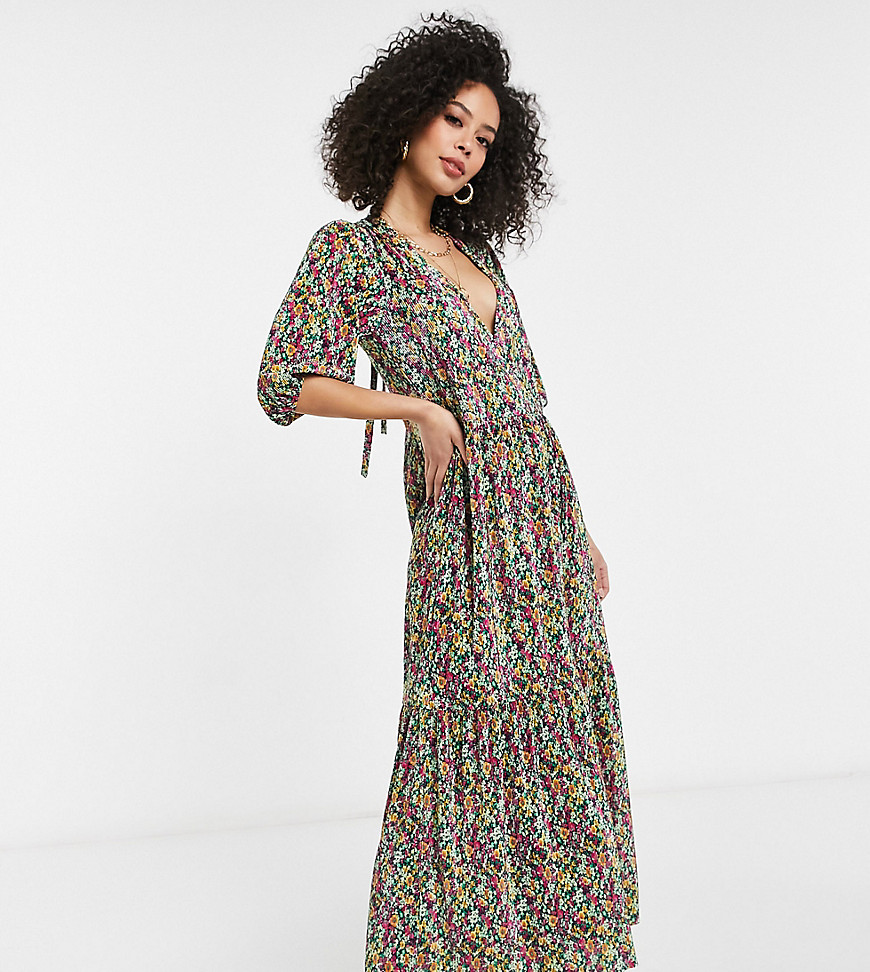 ASOS DESIGN Tall plisse V-neck maxi dress with tiered hem and long sleeves in bright floral print-Blues