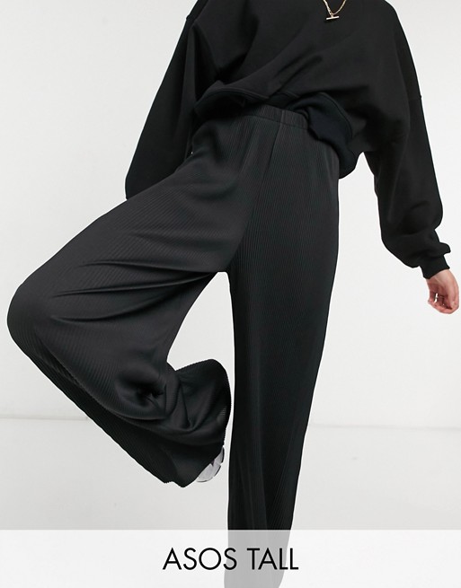 ASOS DESIGN Tall plisse wide leg trouser in black