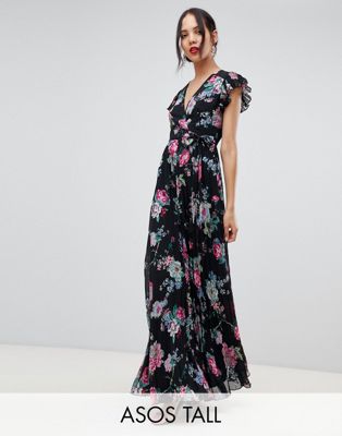 ASOS DESIGN - Tall - Plisserad omlott klänning i blommigt mönster med utsvängda ärmar-Flerfärgad