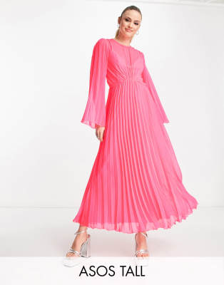 ASOS DESIGN Tall - Plissiertes, hinten gebundenes Midikleid in Fluro-Rosa mit ausgestellten Ärmeln