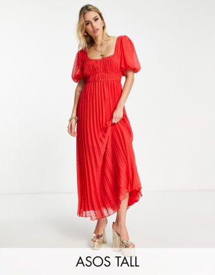 ASOS DESIGN Tall - Plissiertes Midikleid aus Dobby-Stoff in Rot mit Puffärmeln und Bogenkanten