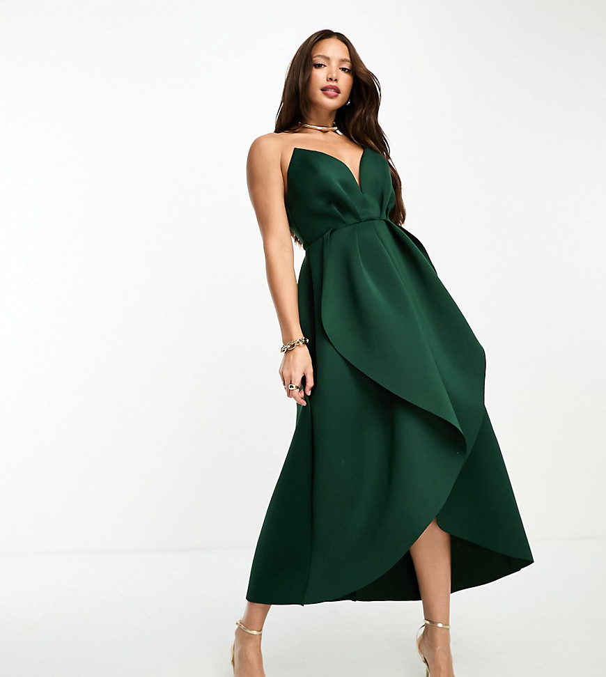 ASOS DESIGN Tall plunge bandeau cocoon midi skater dress in forest green