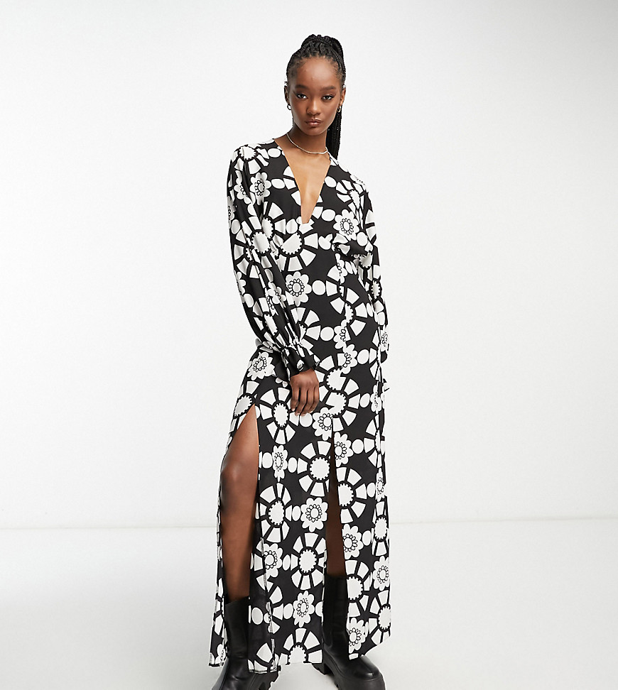ASOS DESIGN Tall plunge batwing maxi dress in mono abstract print-Multi