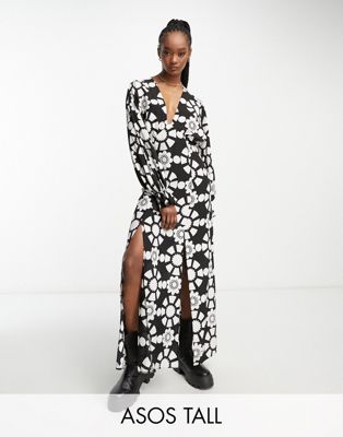 Asos Tall Asos Design Tall Plunge Batwing Maxi Dress In Monochrome Abstract Print-multi
