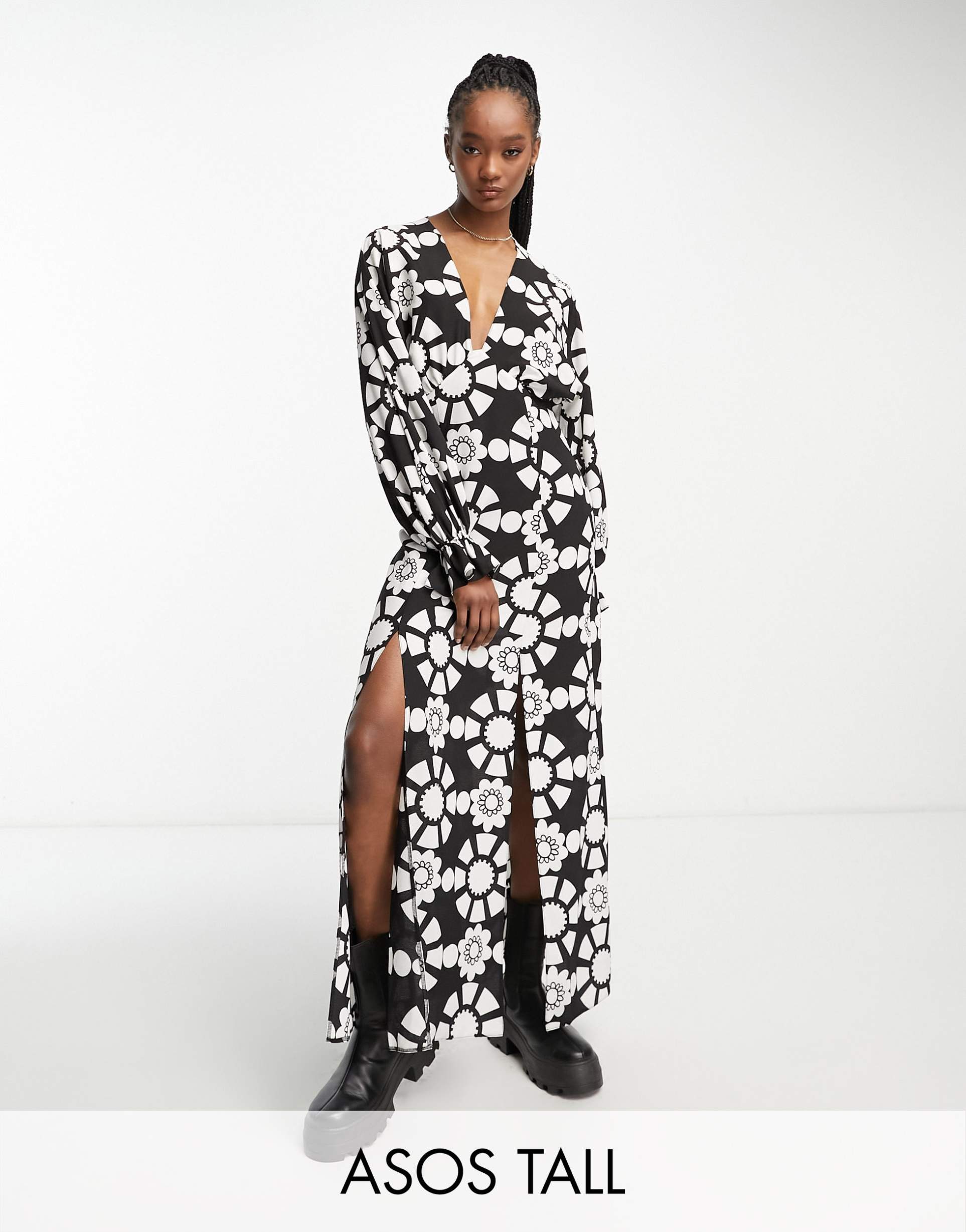 asos design tall plunge batwing maxi dress in monochrome abstract print