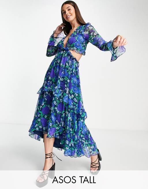 ASOS DESIGN Tall plunge front ruffle printed floral midi dress with lattice  tie back detail