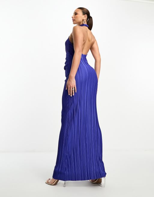 ASOS DESIGN Tall plunge halter cowl back plisse maxi dress in cobalt blue