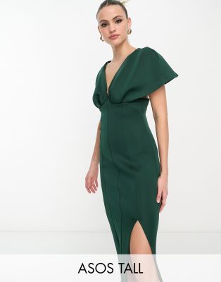 Asos Design Tall Plunge Neck Dropped Shoulder Pencil Midi Dress In Forest Green