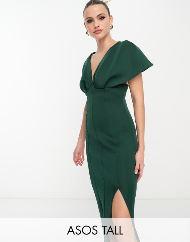 ASOS DESIGN Tall plunge neck dropped shoulder pencil midi dress in forest green