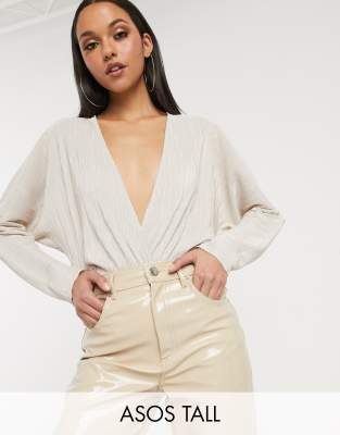 ASOS DESIGN Tall plunge plisse bodysuit in dark ivory-Beige