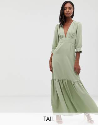 asos design plunge tea maxi dress with pep hem