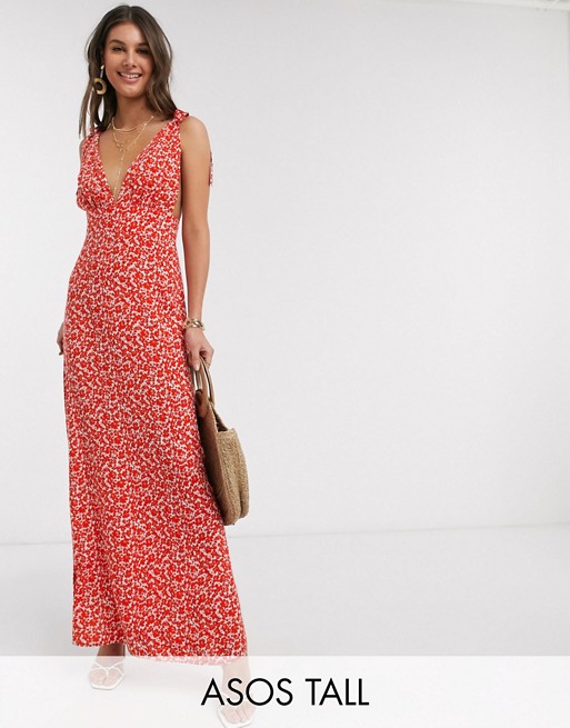 ASOS DESIGN Tall plunge tie shoulder maxi dress in ditsy floral print