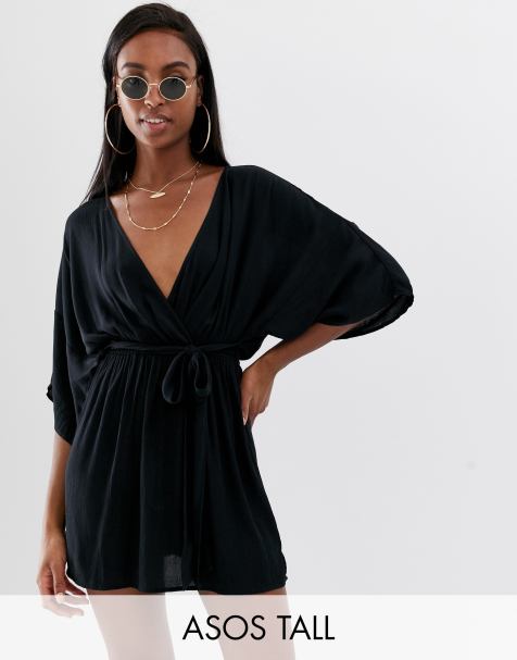 ASOS DESIGN Tall plunge tie waist kimono sleeve crinkle beach cover up in black