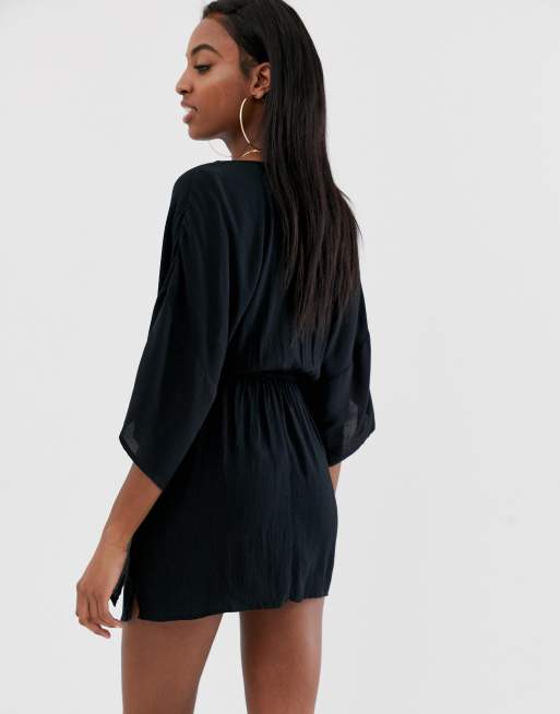 ASOS DESIGN Tall plunge tie waist kimono sleeve crinkle beach cover up in  black