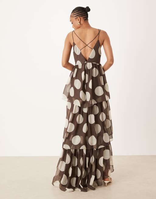 ASOS DESIGN Tall plunge tiered maxi dress with open back in brown polka dot print
