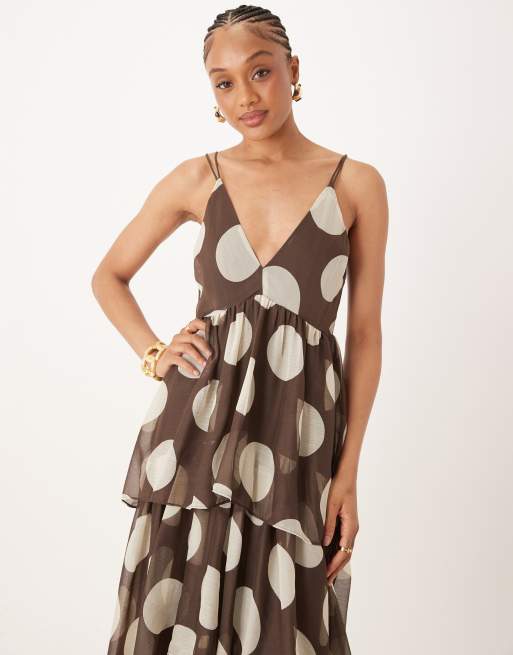 ASOS DESIGN Tall plunge tiered maxi dress with open back in brown polka dot print
