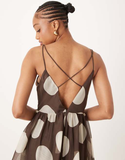 ASOS DESIGN Tall plunge tiered maxi dress with open back in brown polka dot print
