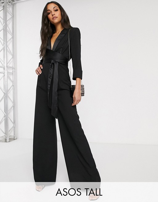 ASOS DESIGN Tall plunge tux jumpsuit with wide leg