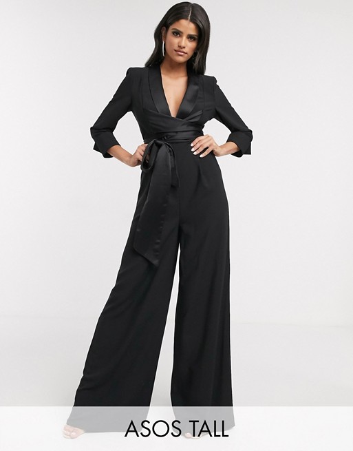 ASOS DESIGN tall plunge tux jumpsuit with wide leg