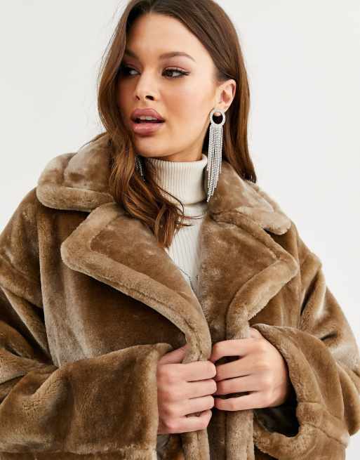 ASOS DESIGN longline plush faux fur coat in camel