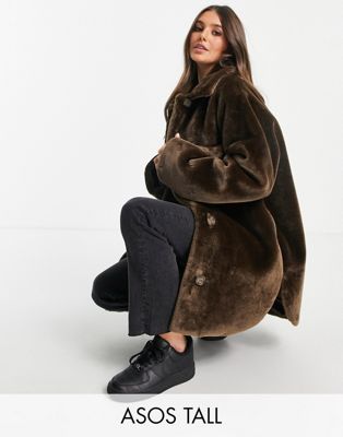 ASOS DESIGN Tall plush faux fur shacket in brown