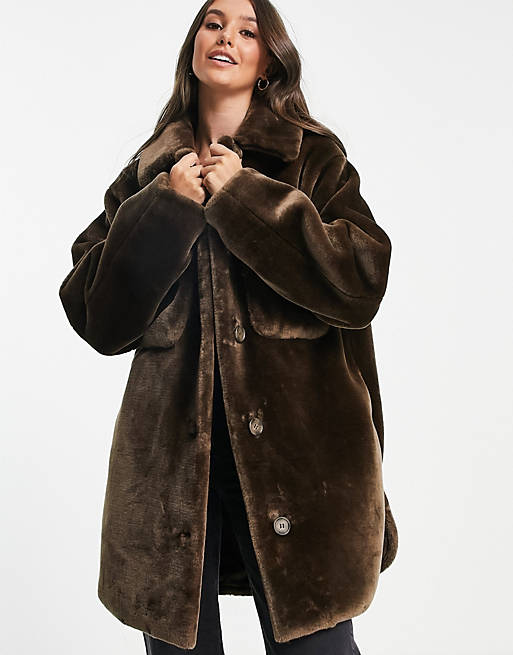  Tall plush faux fur shacket in brown 