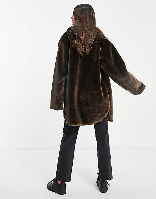  Tall plush faux fur shacket in brown 
