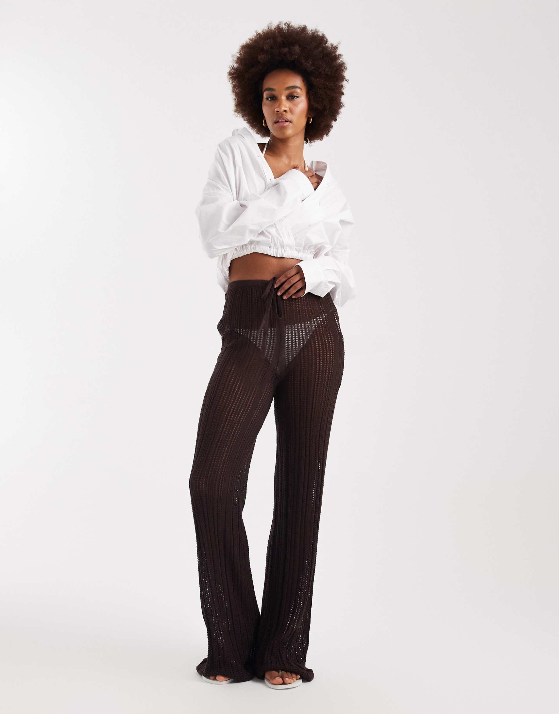 asos design tall polly pointelle knit beach pants in chocolate