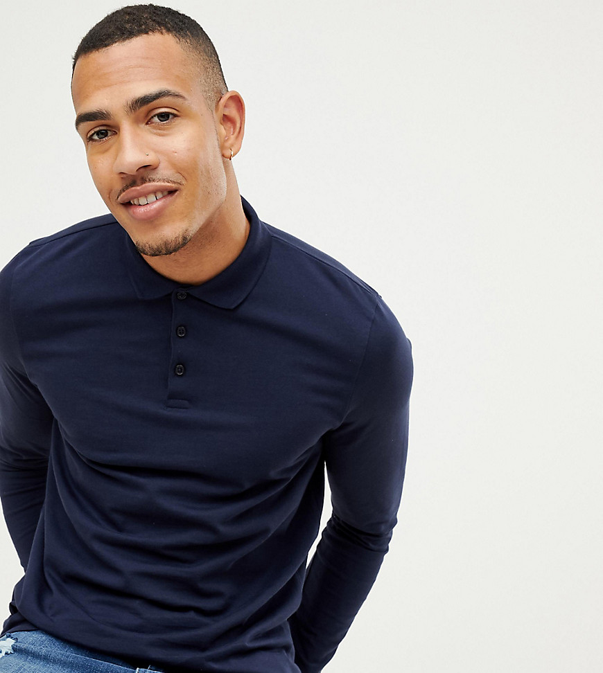 ASOS DESIGN Tall - Polo a maniche lunghe in jersey blu navy