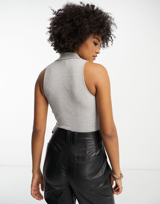 ASOS DESIGN ribbed racer crop top with seam detail in heather gray