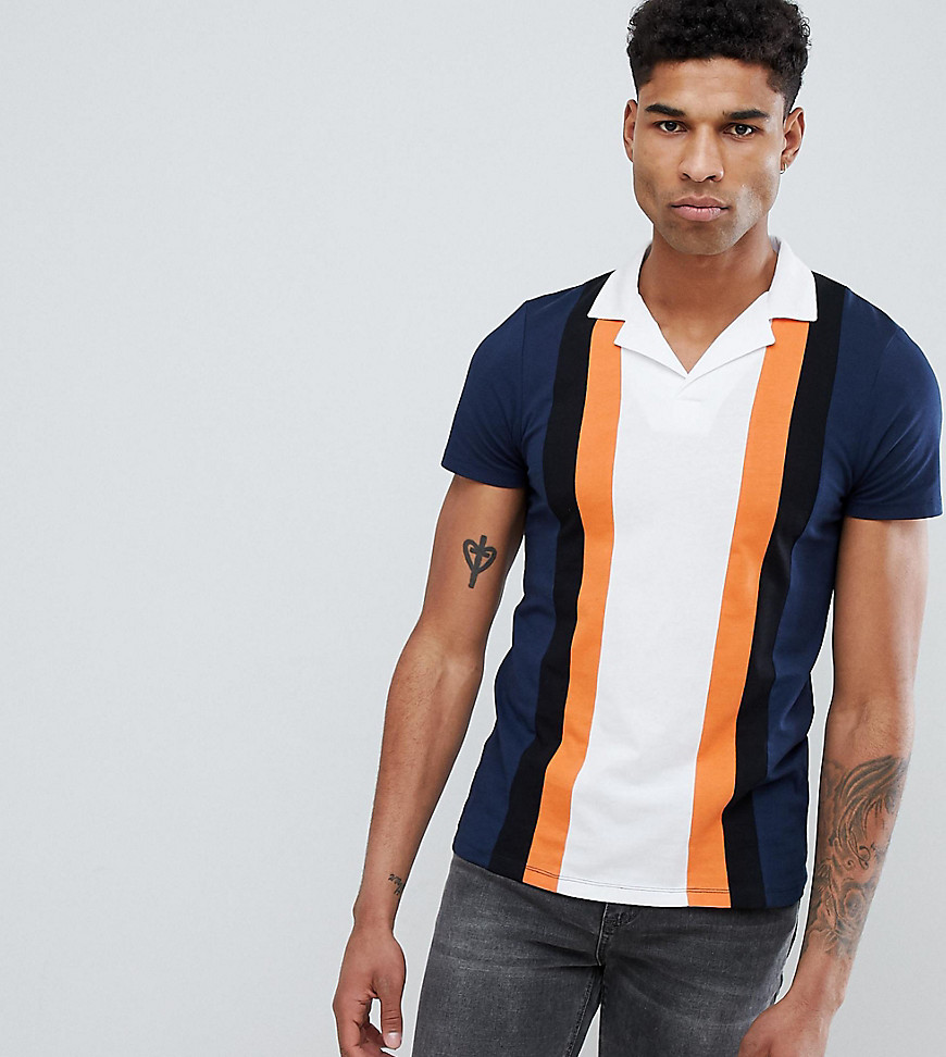 Asos Design Tall Polo Shirt With Retro Vertical Panels And Revere Collar-navy In Multi